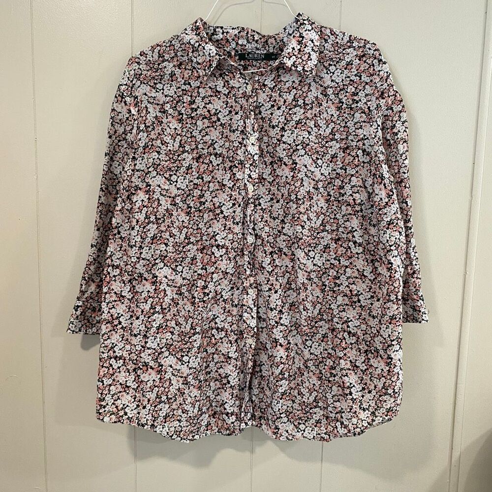 Lauren Ralph Lauren Floral Button Down Blouse 3X Women’s Pink Black White Print